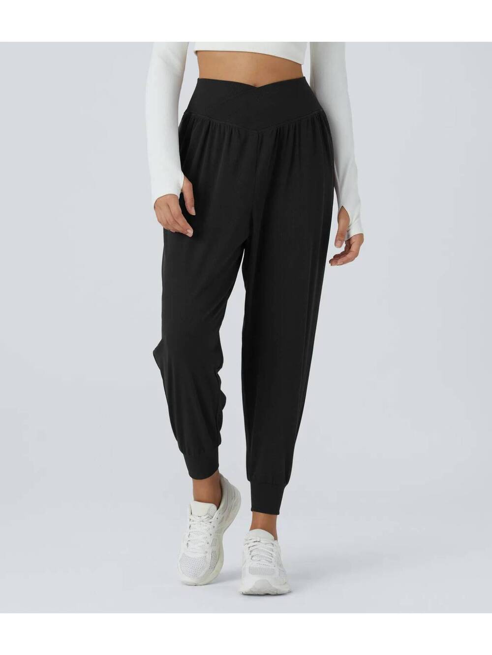 Halara High Waisted Crossover Pocket Waffle Yoga Joggers Black Size Medium